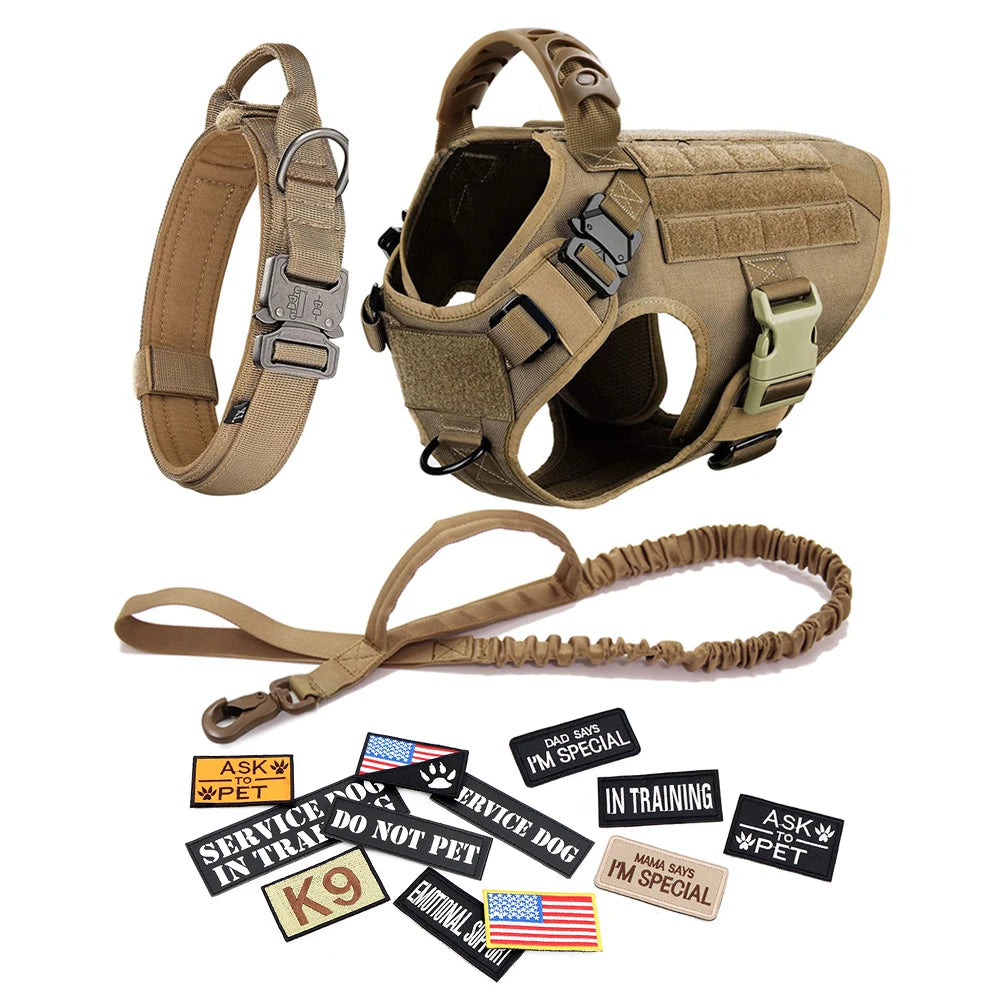 Dog Harness Leash Collar Patches Set for Medium Large Dogs Adjustable Tactical Military Vest for Training and Walking