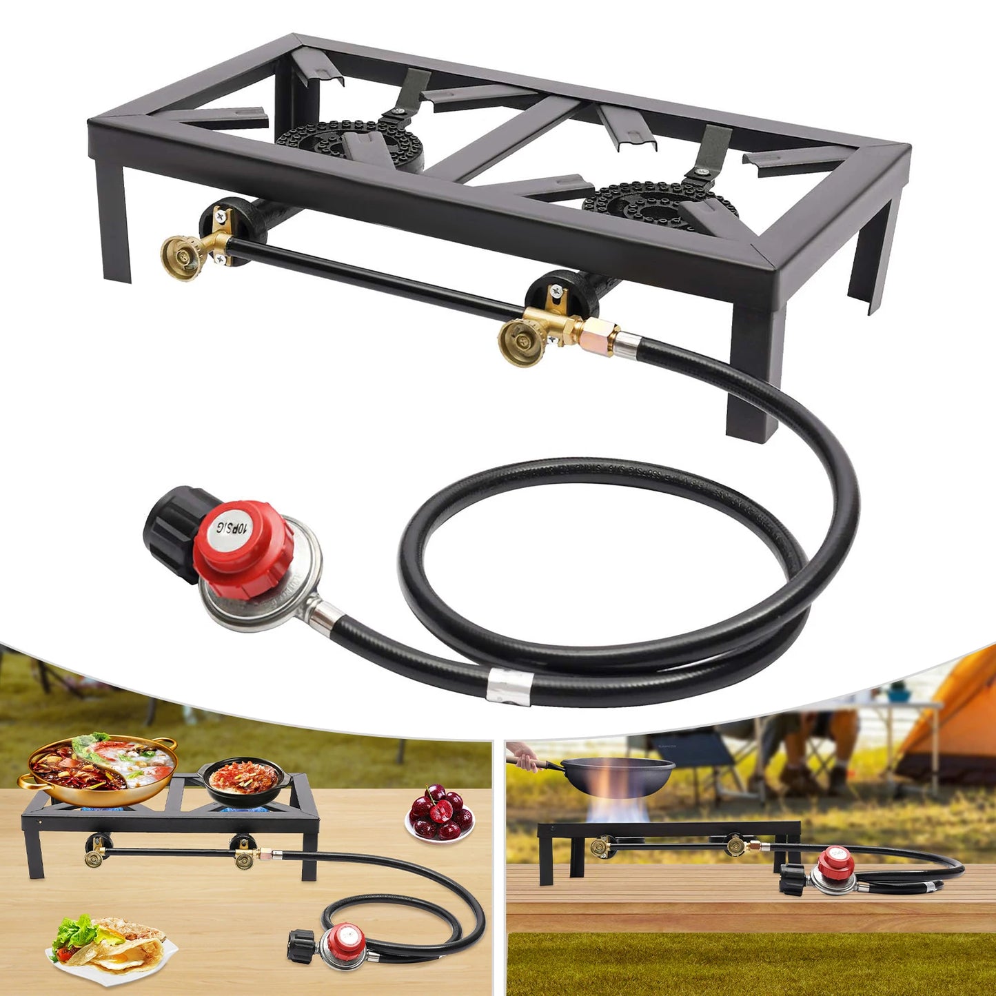 Portable Camping Gas Stove Outdoor Double Burner Propane Cooker with Adjustable Regulator Hose