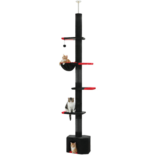 Adjustable Height Cat Tree for Indoor, Floor to Ceiling Cat Tower with Scratching Posts, Cat Condo, Hammock and Dangling Balls