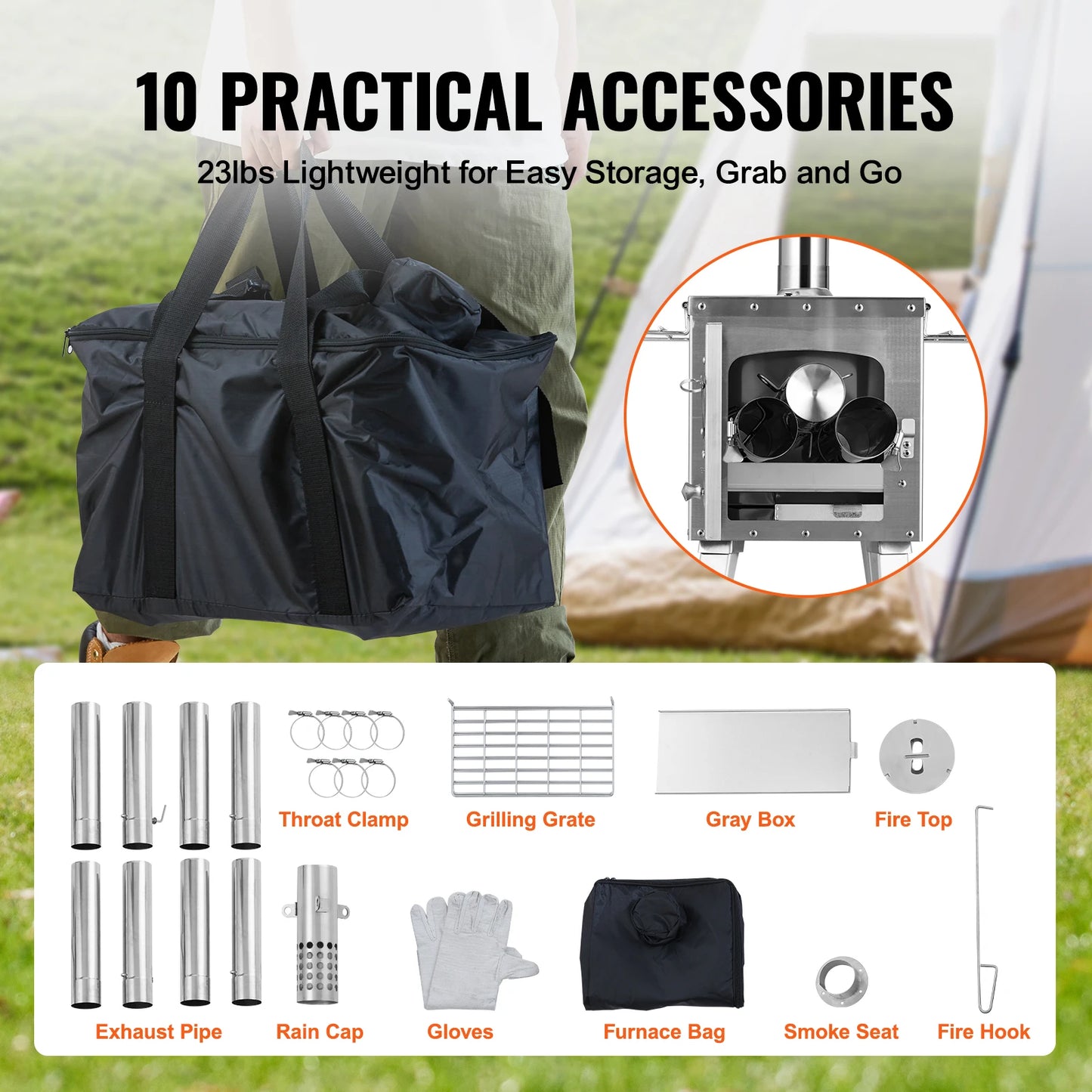 VEVOR Wood Stove 86 Inch Stainless Steel Camping Tent Stove Portable Wood Burning Stove with Chimney Pipes and Gloves