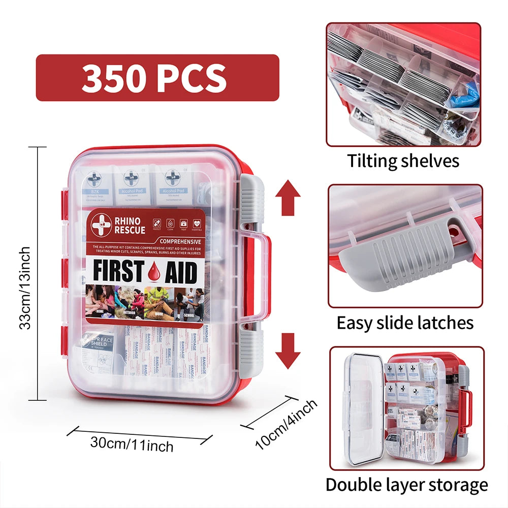 Rhino Rescue 350 Pieces OSHA All Purpose First Aid Kit Home and Office Medical Supplies for Emergency and School