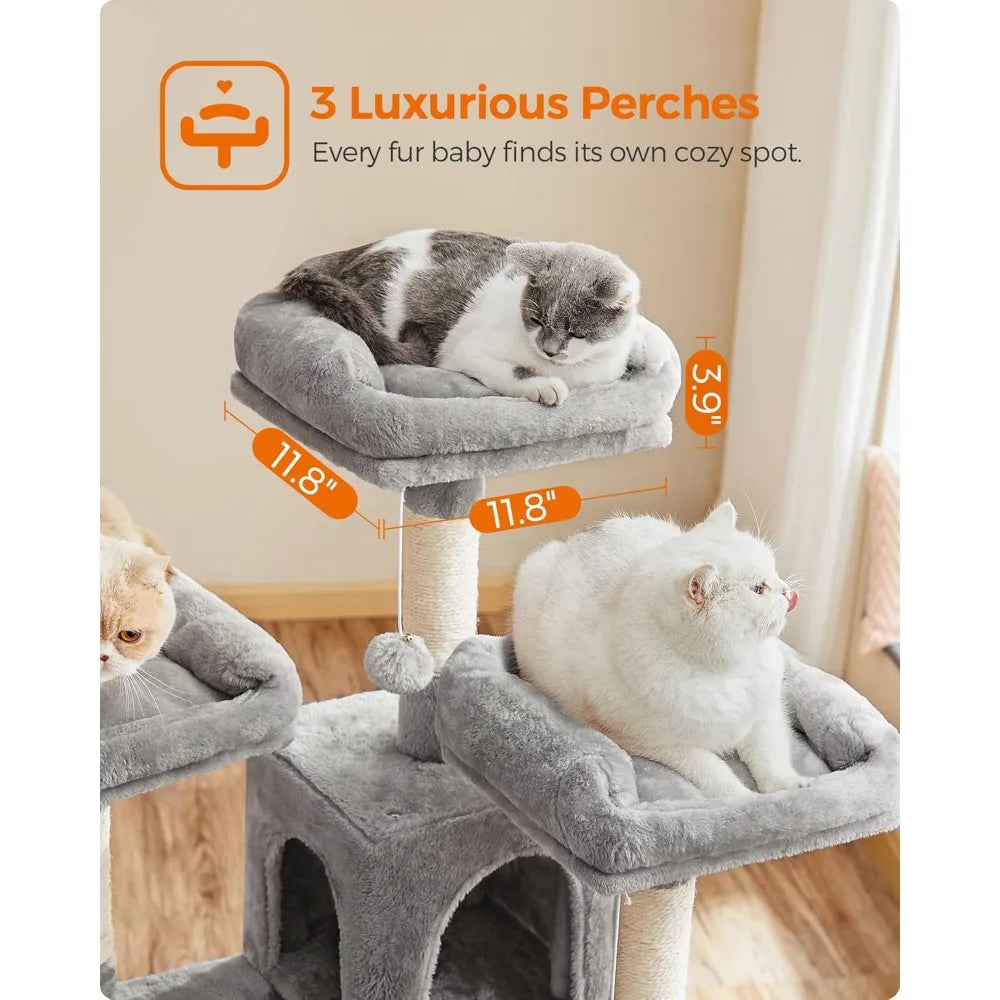 Cat Tree, Large Cat Tower, Cat Condo with Scratching Posts, Board, 2 Caves, 3 Plush Perches