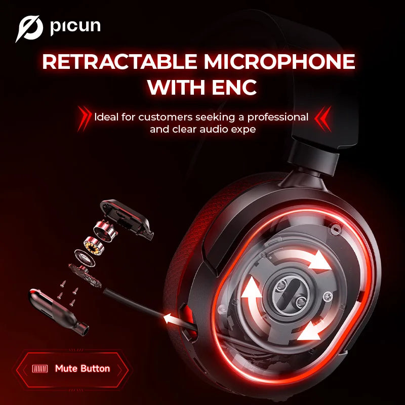 Picun G2 2.4G Wireless Gaming Headset Bluetooth Headphones 5ms Low Latency 7.1 Surround ENC Microphone for PC PS4 PS5 Phone Switch