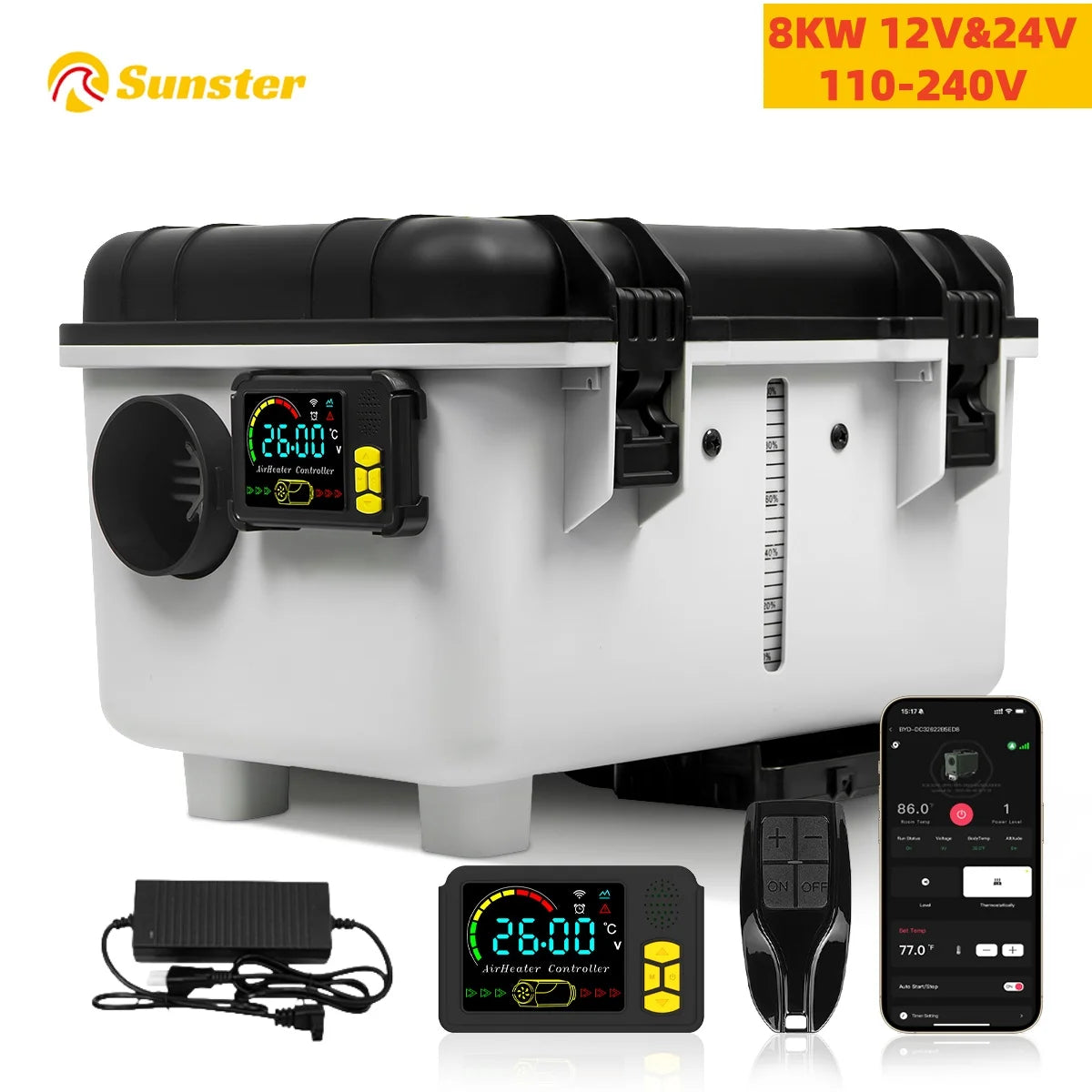 8KW Toolbox 12V/24V/110-240V Diesel Air Heater LCD & APP Bluetooth w/ Altitude Mode Parking Heater For Cars RV Camper tent