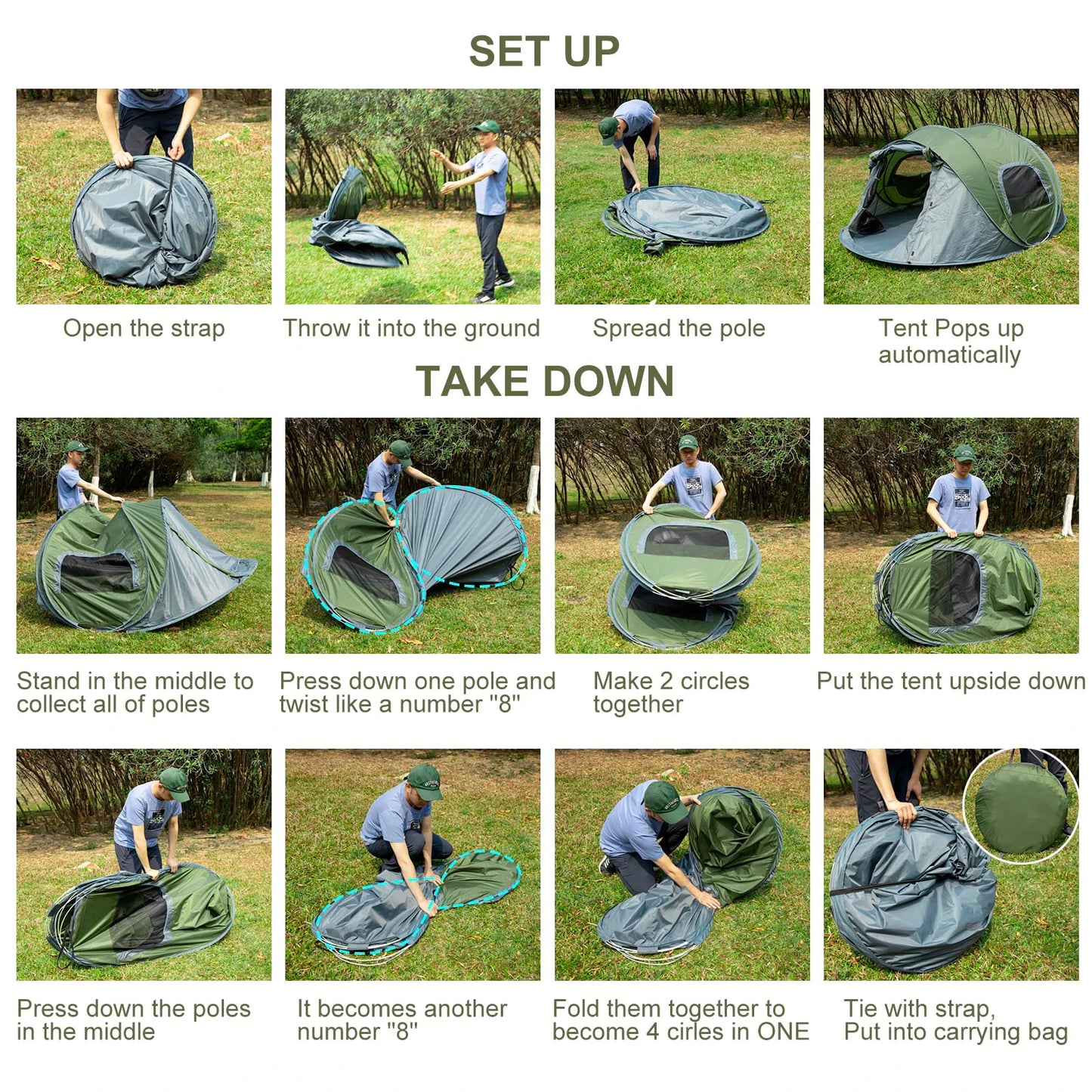 3 to 4 People Outdoor Throw Open Tent Automatic Pop Up Waterproof Family Tent for Camping and Hiking