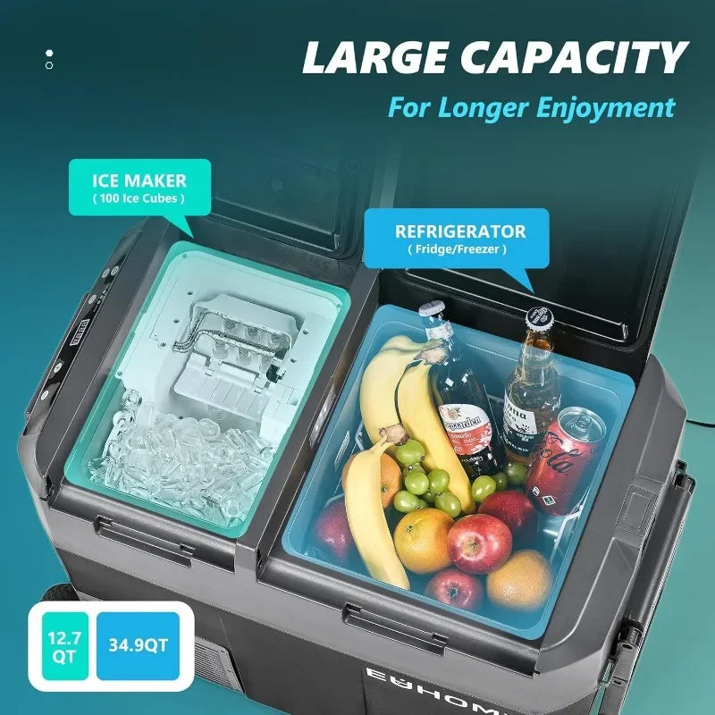 12 Volt Refrigerator with Ice Maker, 48QT(45L) Electric Cooler Usable Battery Dual Zone, Car Refrigerator APP Control, 12