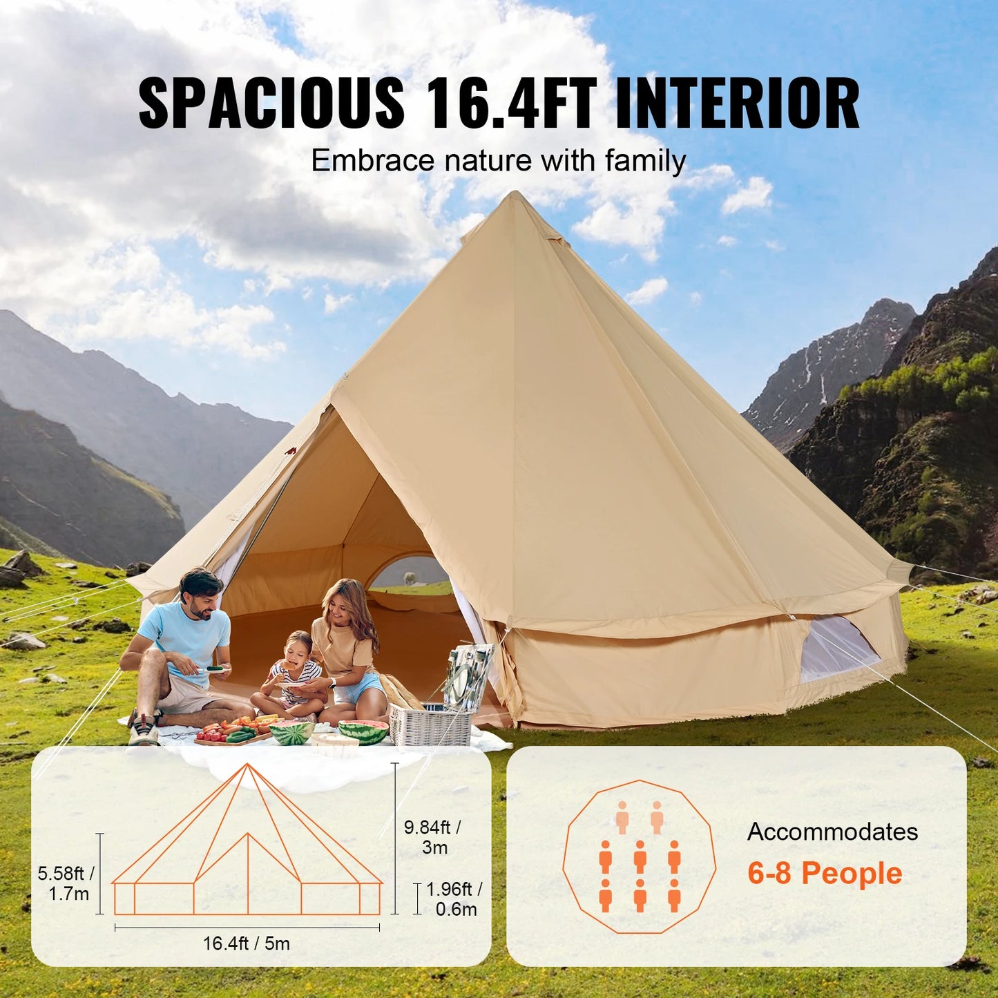 SucceBuy Canvas Bell Tent 4 Seasons 5m Yurt Tent Canvas Tent for Camping with Stove Breathable Tent Holds up to 8 People