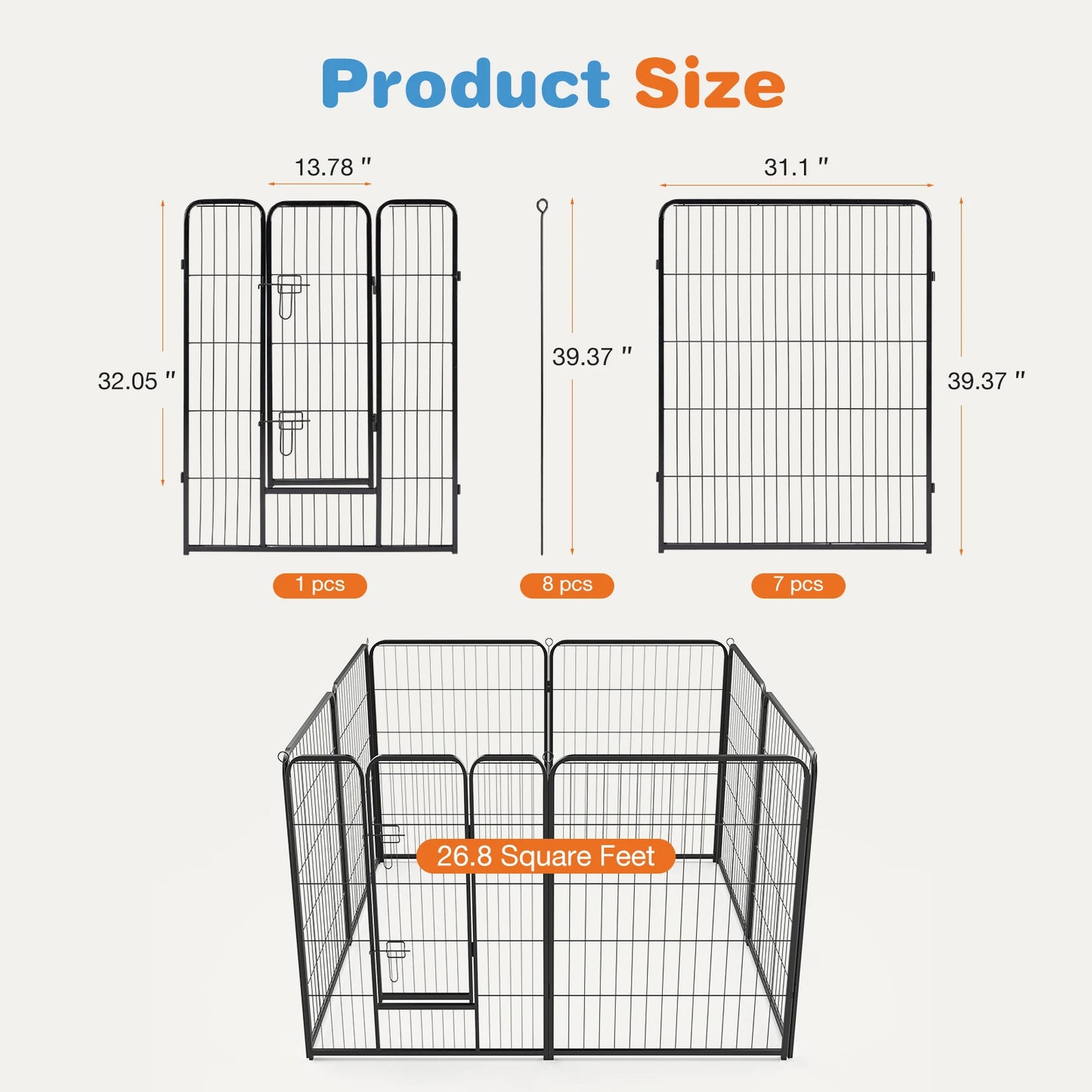 JHK 8 Panel Heavy Duty Dog Playpen Indoor Outdoor Pet Fence with Doors Metal Dog Pen for Exercise and Camping