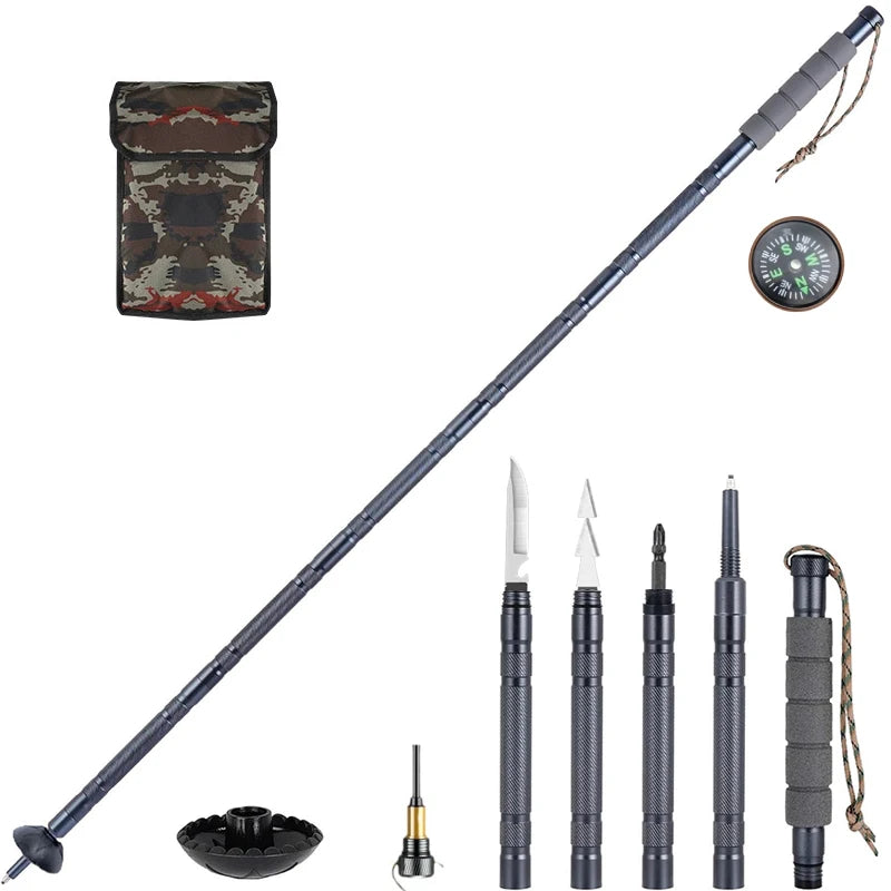 Lightweight Tactical Hiking Poles Adjustable Length 42.1 Inches Aluminum Alloy 6 In 1 Multi Tool with Knife Compass and Non Slip Base