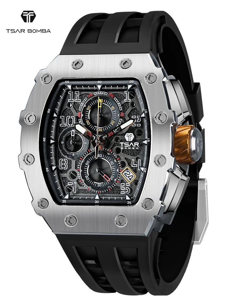Tsar Bomba Luxury Men's Tonneau Design Waterproof Stainless Steel Watch Fashion Rectangle Wristwatch