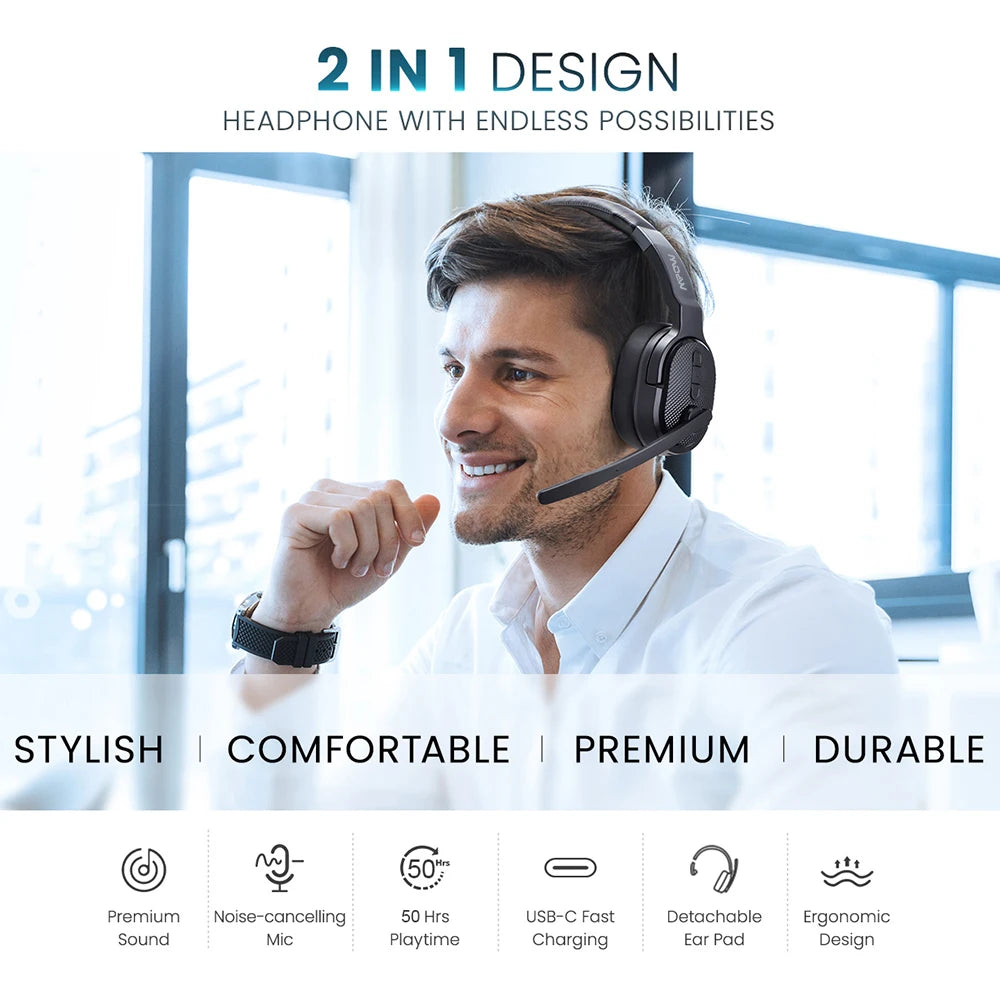 Mpow E65 2 in 1 Wireless Headphones Bluetooth 5.3 Dual Single Office Headset with Microphone and Mute Switch 35 Hours for Trucker Driver