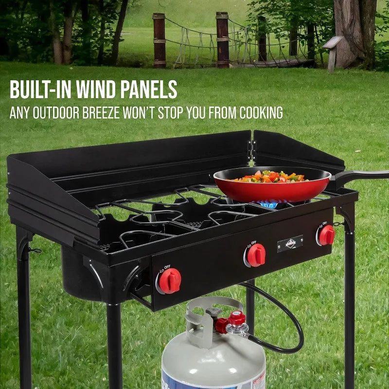 Hike Crew Cast Iron 3 Burner Outdoor Gas Stove 225000 BTU Portable Propane Cooktop with Blue Flame Control Removable Legs