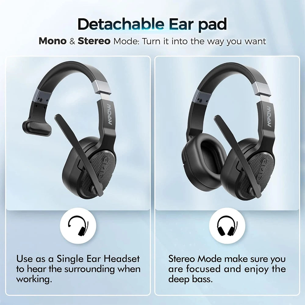 Mpow E65 2 in 1 Wireless Headphones Bluetooth 5.3 Dual Single Office Headset with Microphone and Mute Switch 35 Hours for Trucker Driver