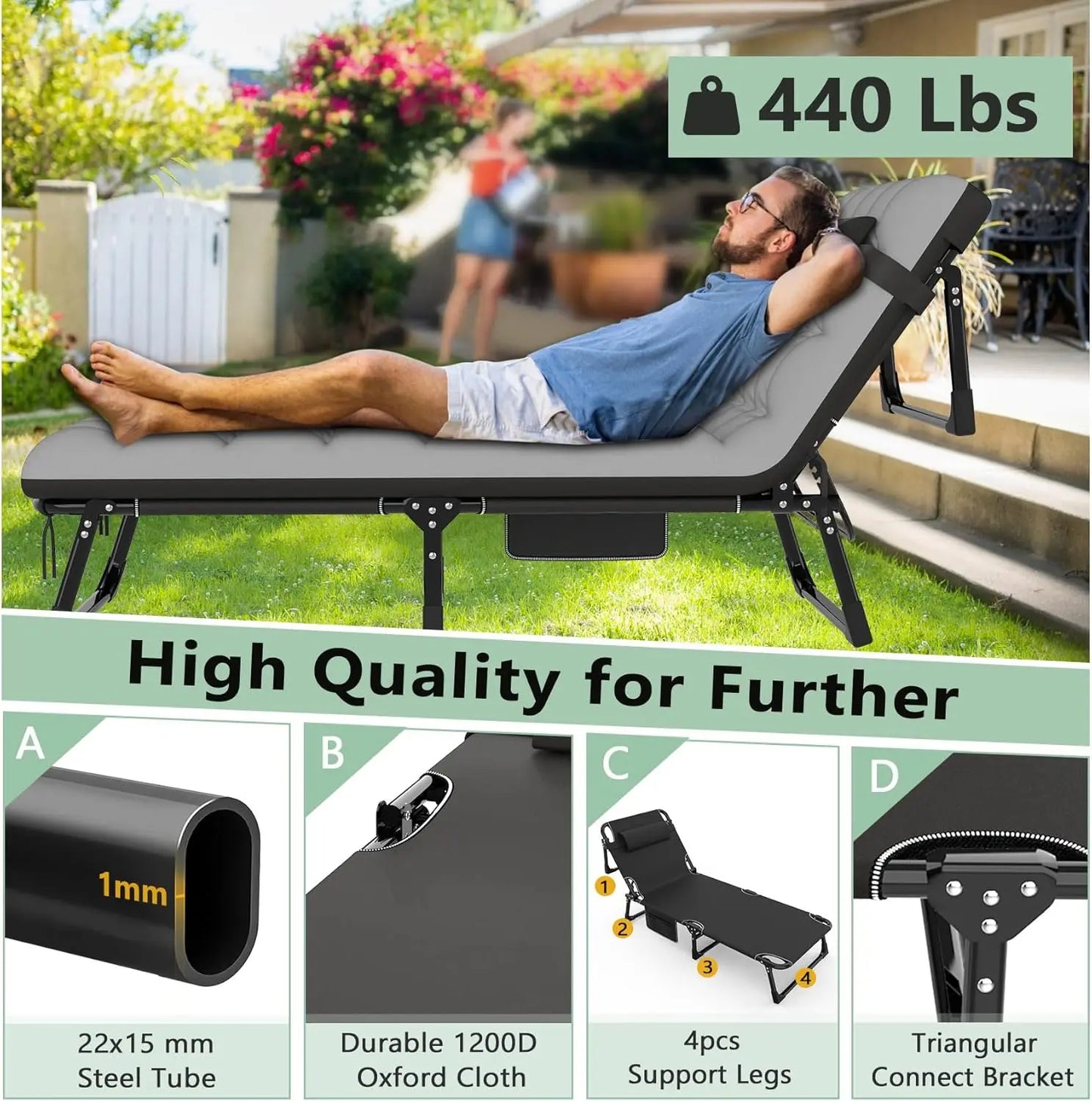 Folding Camping Cot for Adults Adjustable Outdoor Bed with Mattress Travel Lounge Chair
