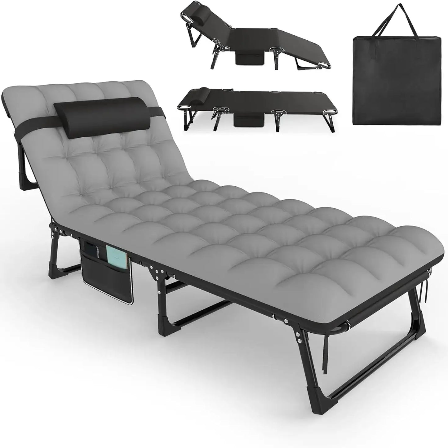 Folding Camping Cot for Adults Adjustable Outdoor Bed with Mattress Travel Lounge Chair