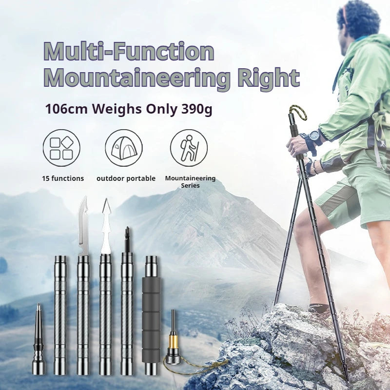 Lightweight Tactical Hiking Poles Adjustable Length 42.1 Inches Aluminum Alloy 6 In 1 Multi Tool with Knife Compass and Non Slip Base