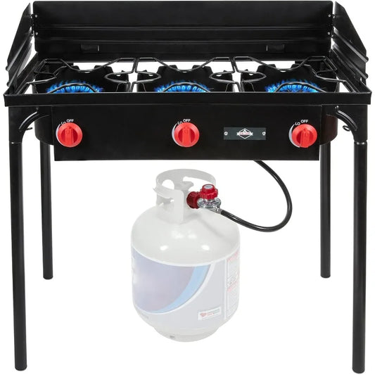 Hike Crew Cast Iron 3 Burner Outdoor Gas Stove 225000 BTU Portable Propane Cooktop with Blue Flame Control Removable Legs