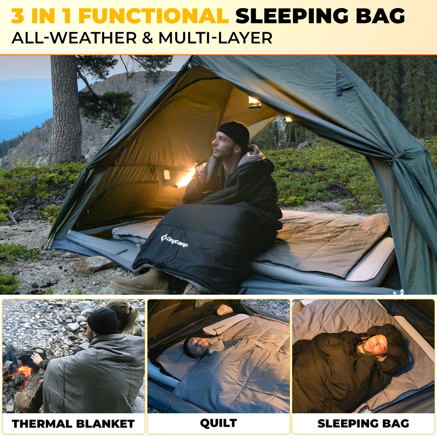 KingCamp 3 in 1 Envelope Hooded Sleeping Bag Detachable Flexible Double Blanket All Season Camping Hiking