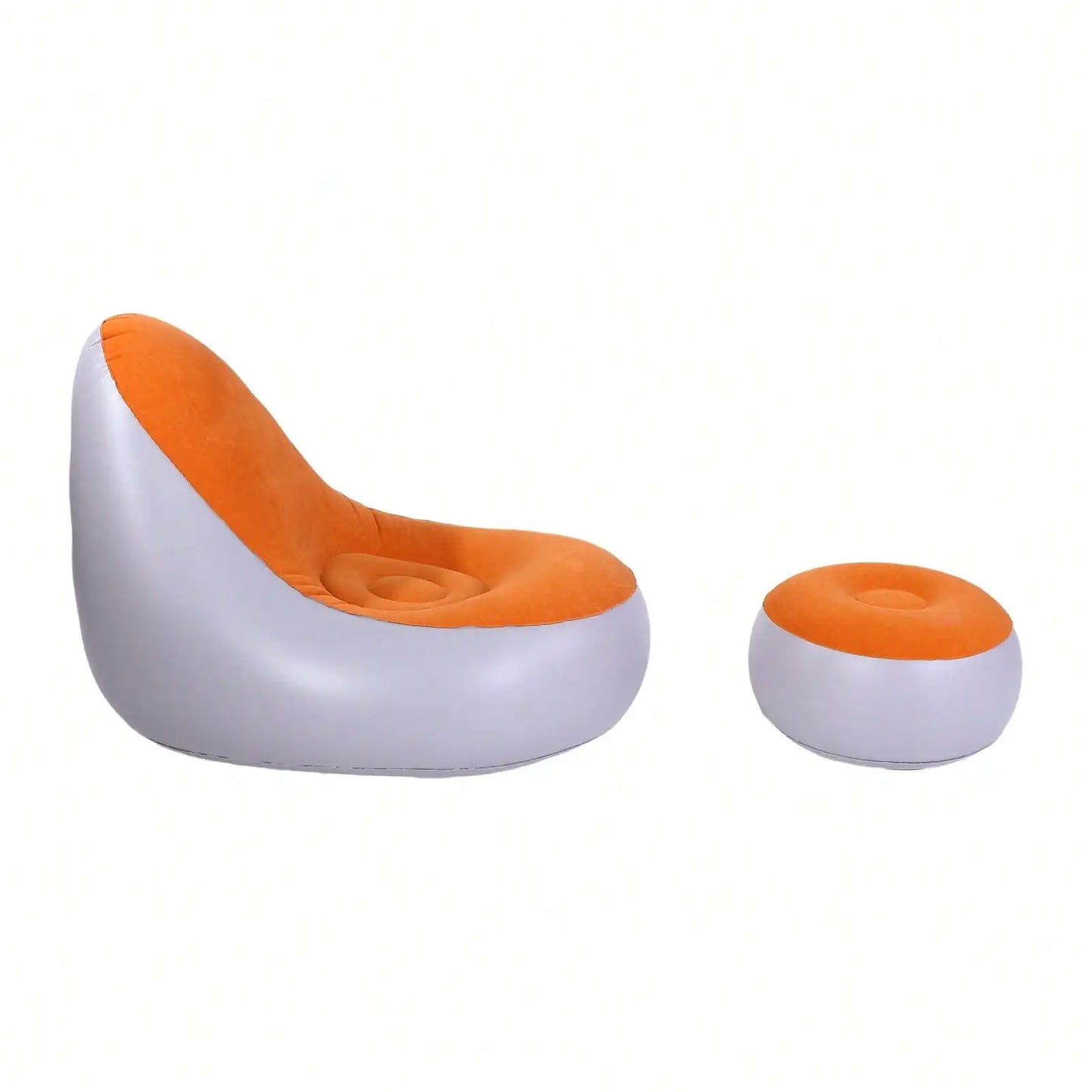 Inflatable Lounge with Foot Stool PVC Flocking Water Proof Folding Blow Up Couch Inflatable Sofa Chair for Home Camping Orange