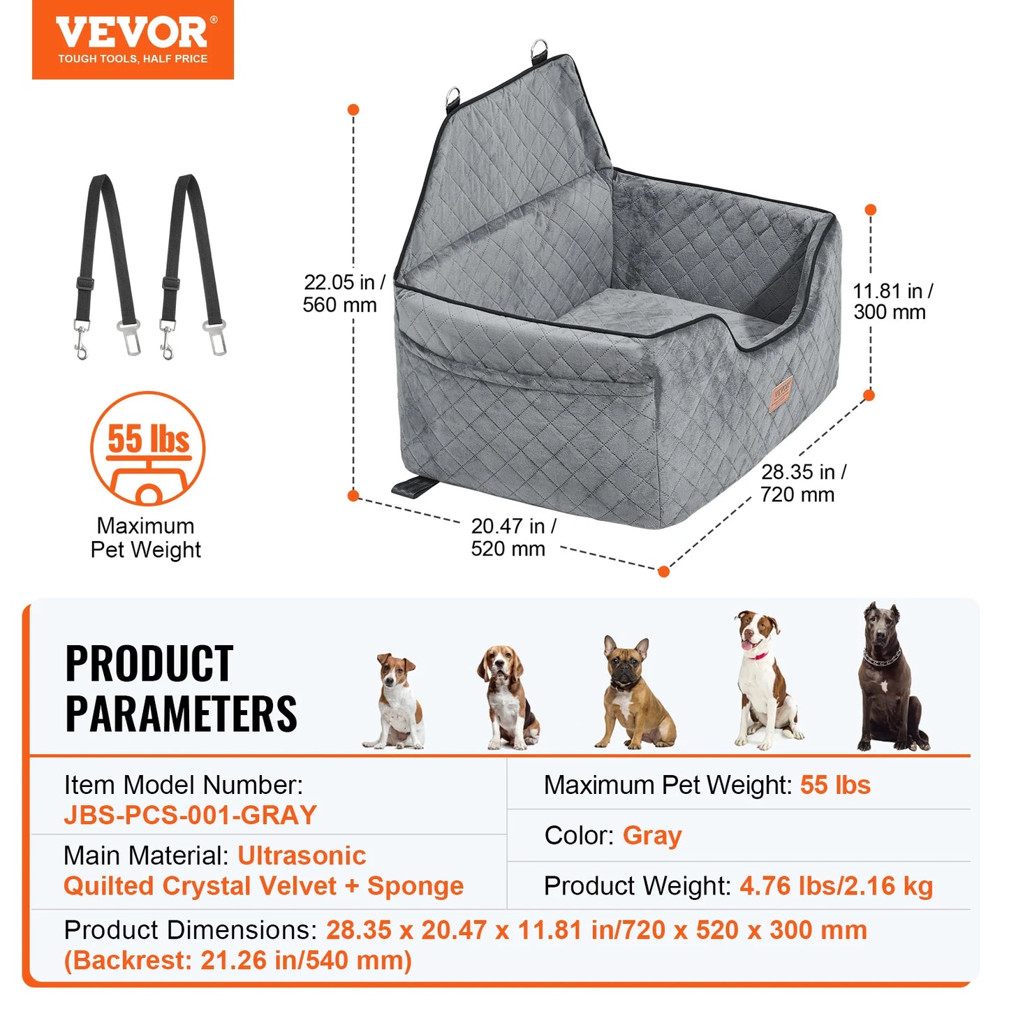 Vevor Dog Car Seat Booster Seat for Medium Large Dogs up to 55 Pounds with Storage Pocket Gray
