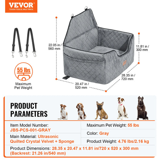 Vevor Dog Car Seat Booster Seat for Medium Large Dogs up to 55 Pounds with Storage Pocket Gray