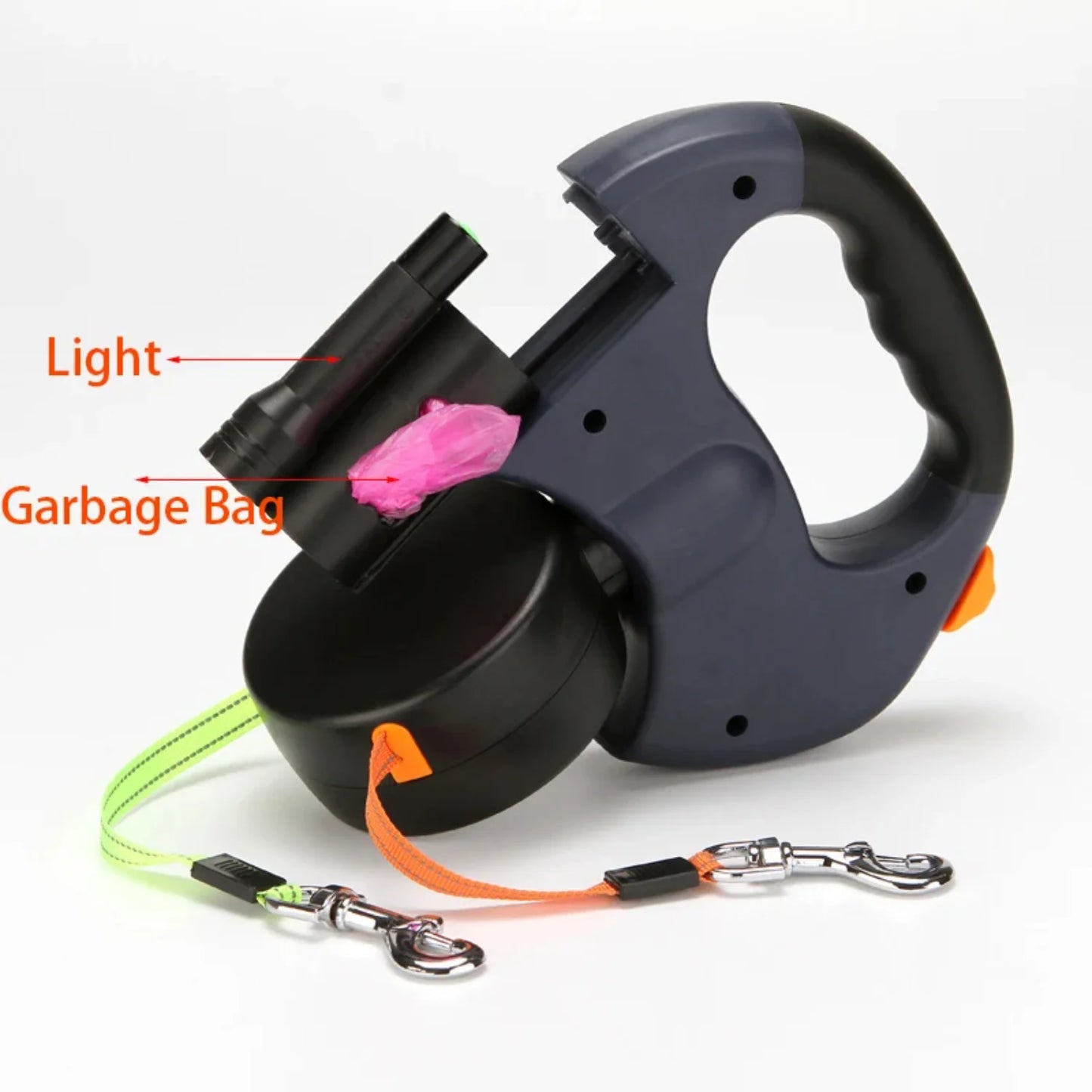 Durable Double Dog Leashes Automatic Retractable Nylon Lead Extension Puppy Walk Roulette with Light Fidget Toy Poop Bag Case