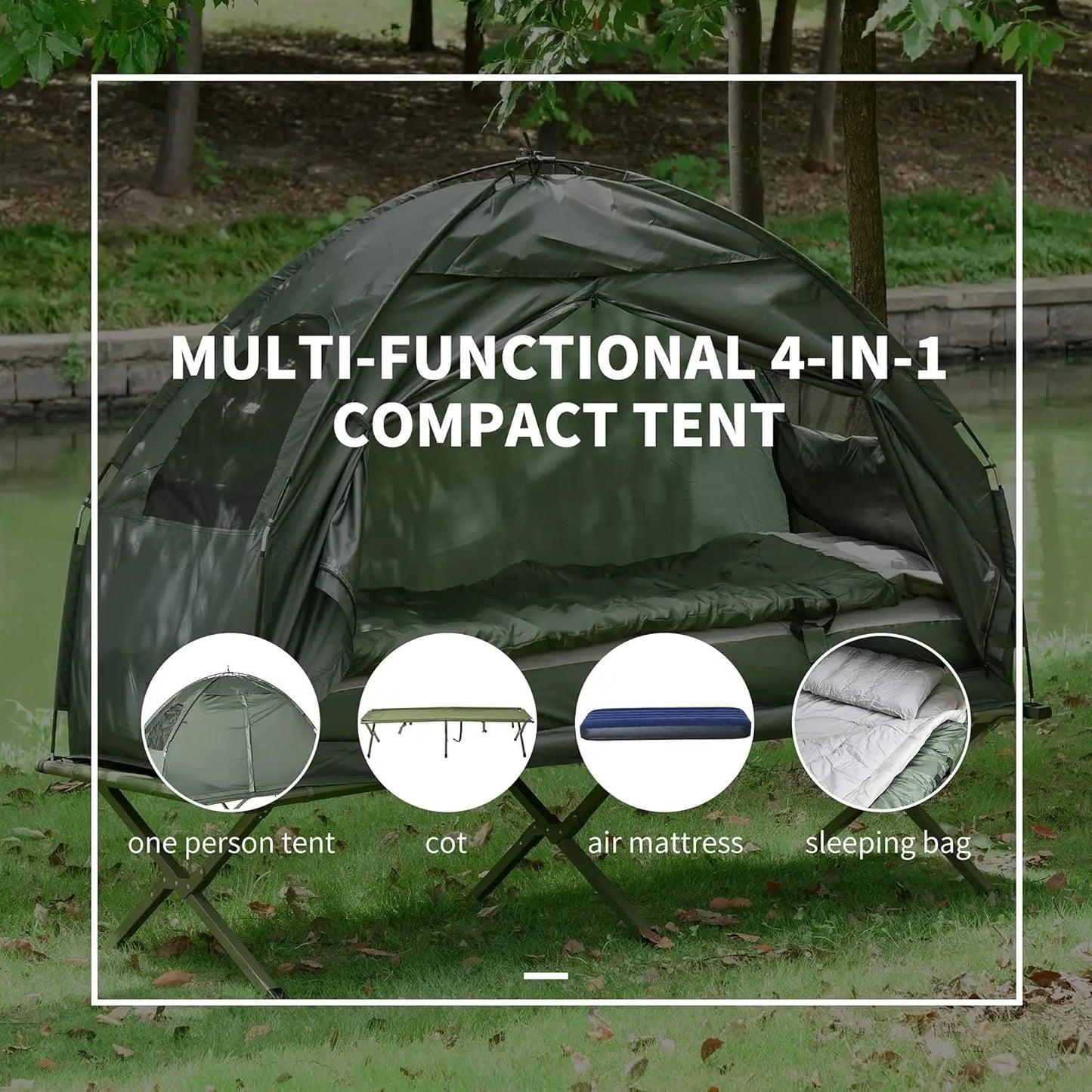 Outsunny Multifunctional Folding Camping Cots for Adults, Elevated Tent with Sleeping Bag, Thick Air Mattress Pad