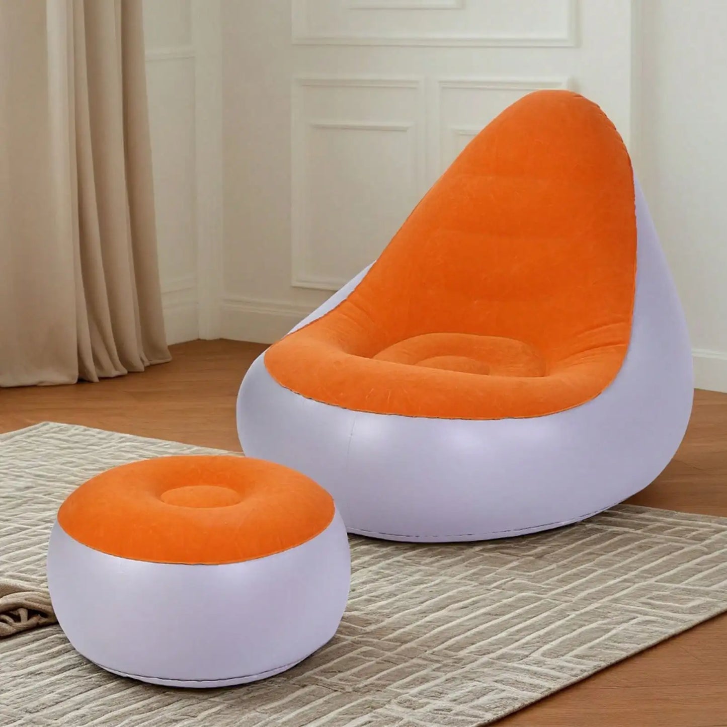 Inflatable Lounge with Foot Stool PVC Flocking Water Proof Folding Blow Up Couch Inflatable Sofa Chair for Home Camping Orange