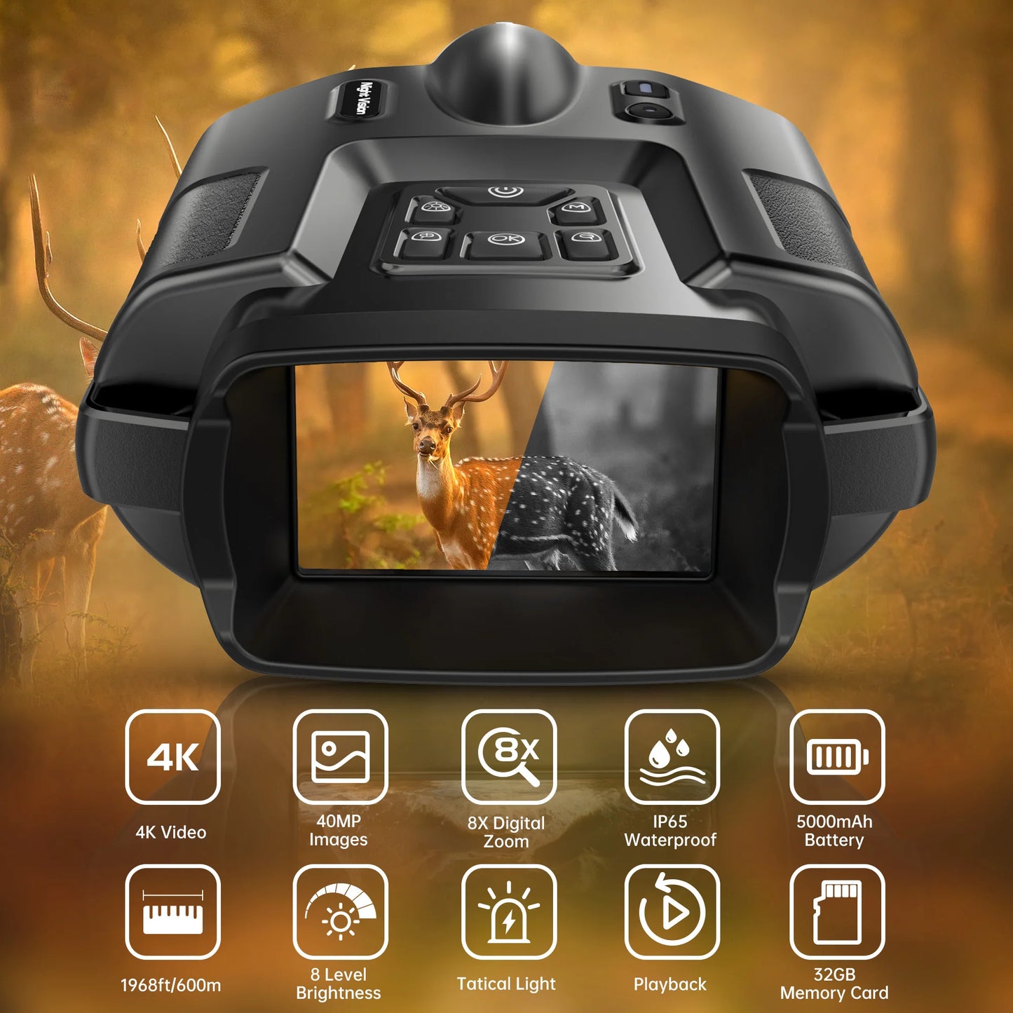 Night Vision Binoculars 4K Infrared 5000mAH Rechargeable 8X Digital Zoom 600 Meters Darkness Goggles for Hunting and Surveillance