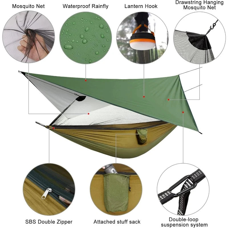 Camping Hammock with Net and Rain Fly 2 Person Lightweight Portable Hammock Tent with Tarp for Camping and Hiking