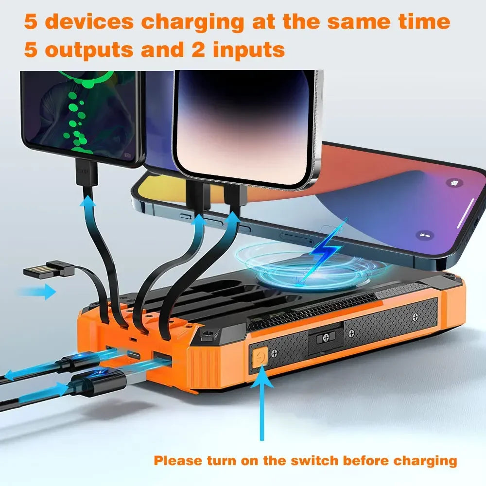 Solar Mobile Power Bank Portable Wireless Fast Charging 10000mAh 4USB Ports Compatible with iPhone Xiaomi Huawei with 2 LED Lights