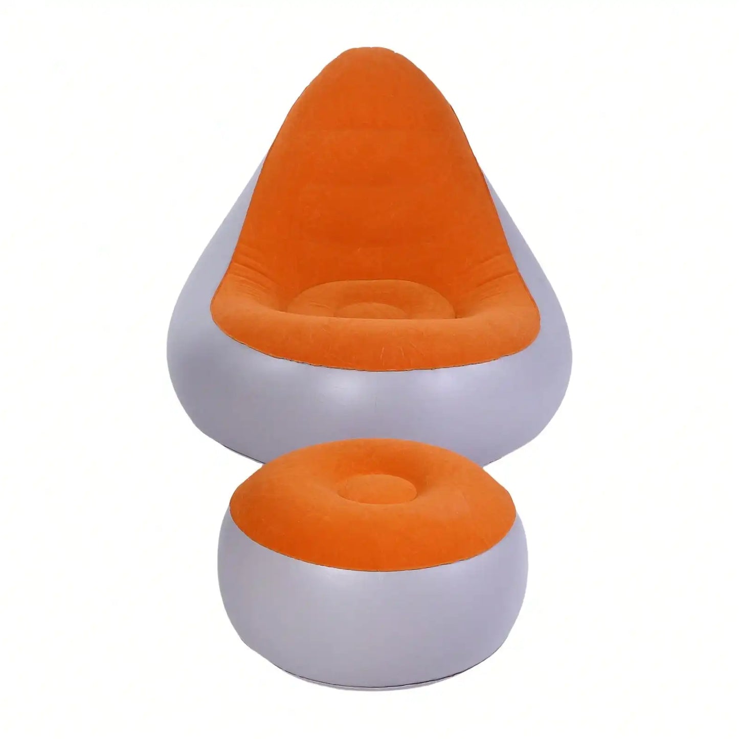 Inflatable Lounge with Foot Stool PVC Flocking Water Proof Folding Blow Up Couch Inflatable Sofa Chair for Home Camping Orange