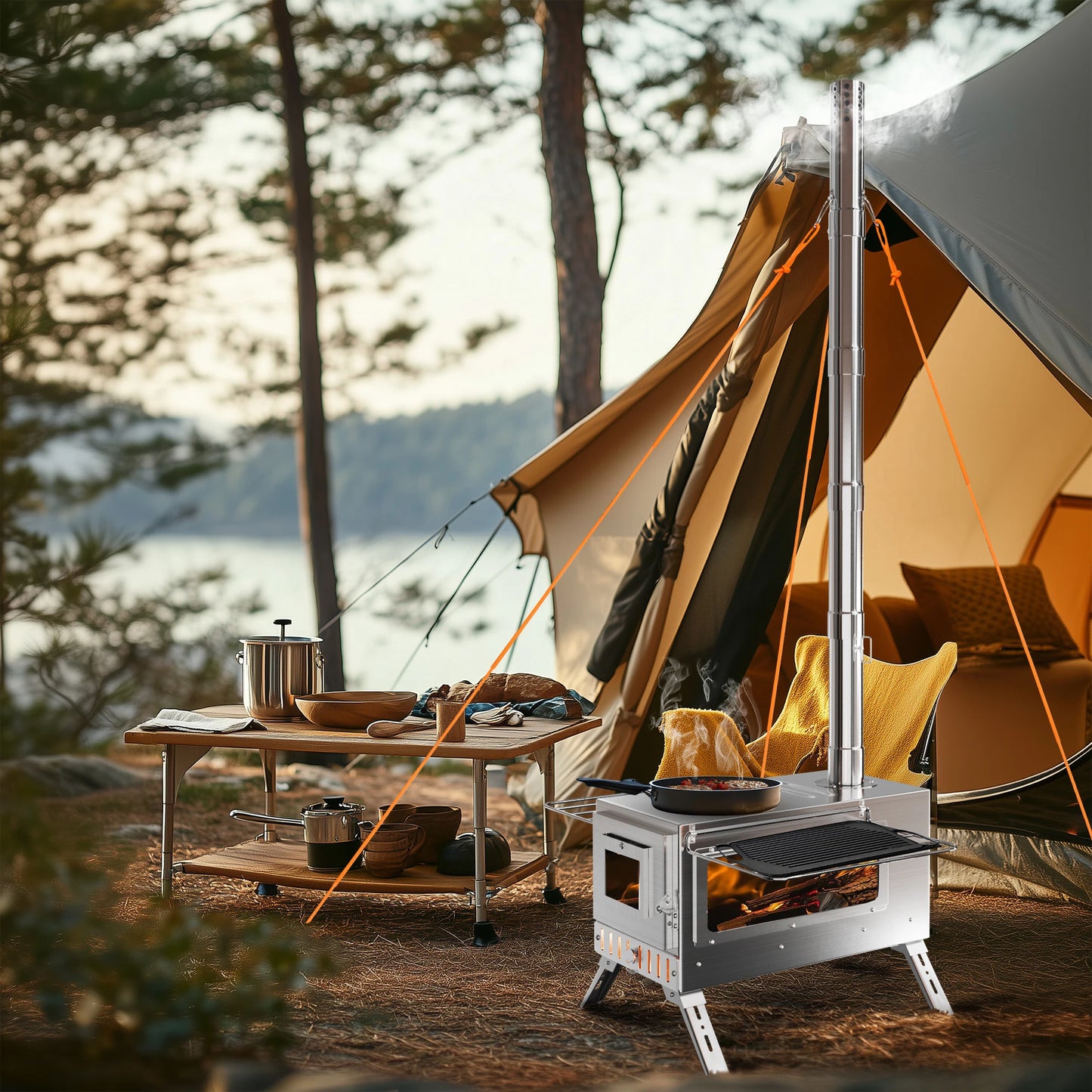 Portable Camping Tent Wood Stove for Outdoor Heating Stainless Steel Hot Tent Stove Burner Stove with 7 Chimney Pipes