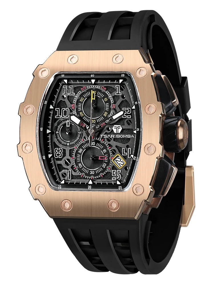 Tsar Bomba Luxury Men's Tonneau Design Waterproof Stainless Steel Watch Fashion Rectangle Wristwatch