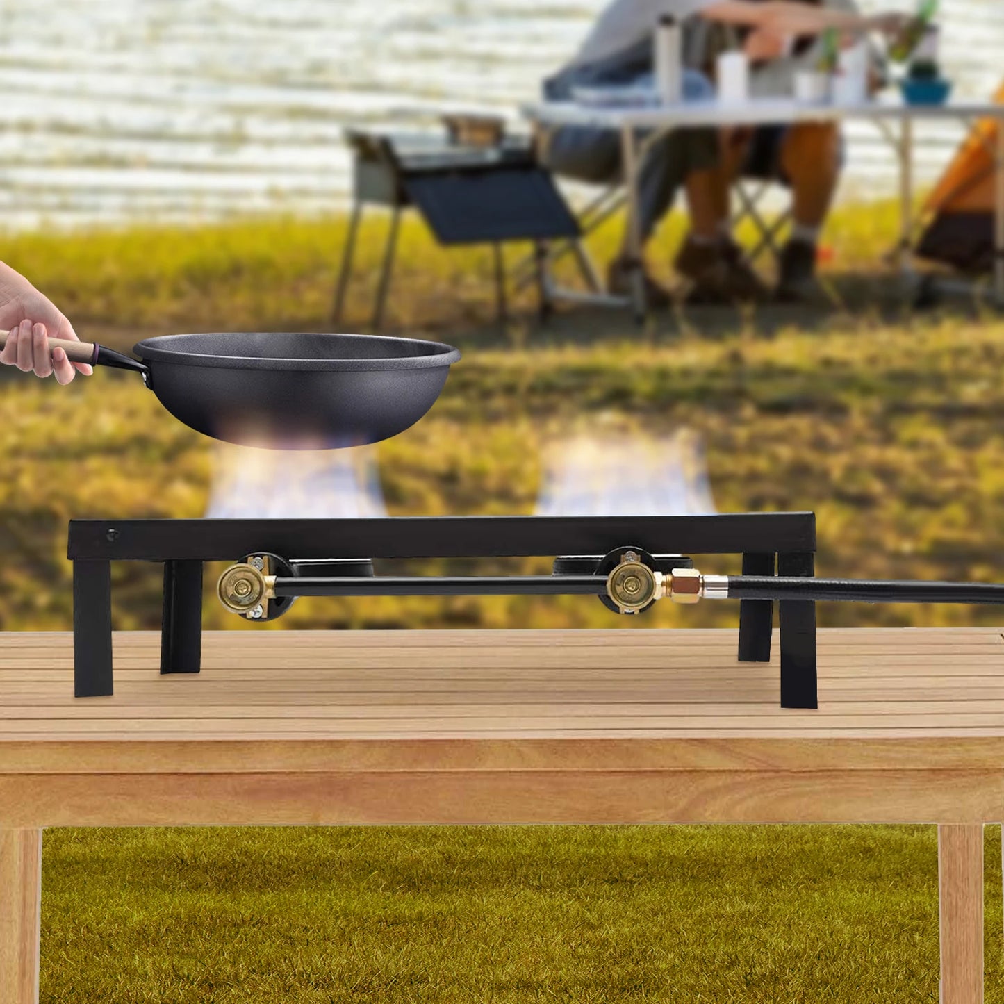 Portable Camping Gas Stove Outdoor Double Burner Propane Cooker with Adjustable Regulator Hose