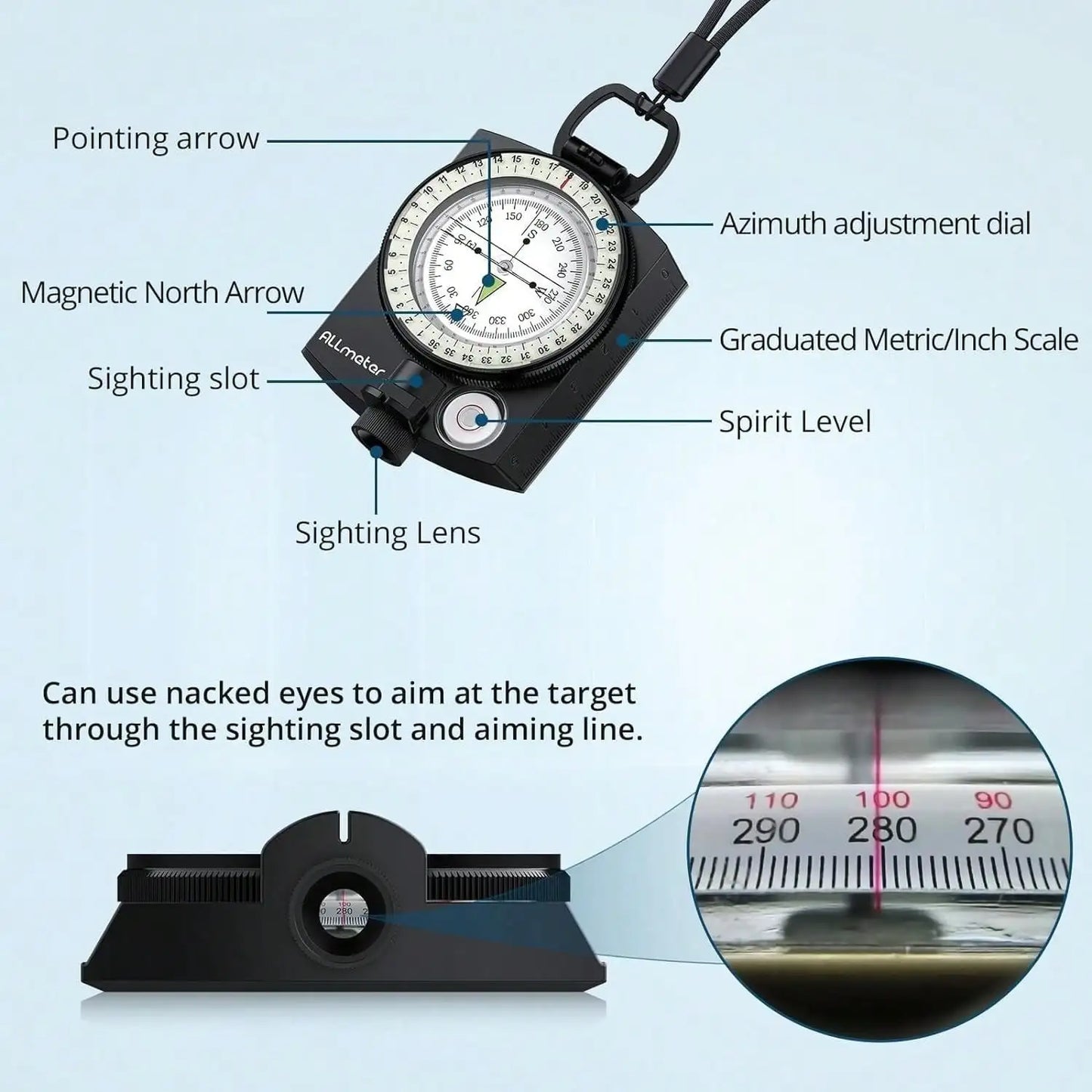 Compass Multifunction Waterproof Military Outdoor Handheld Metal Sighting with Bubble Level for Hiking Camping Climbing and Biking