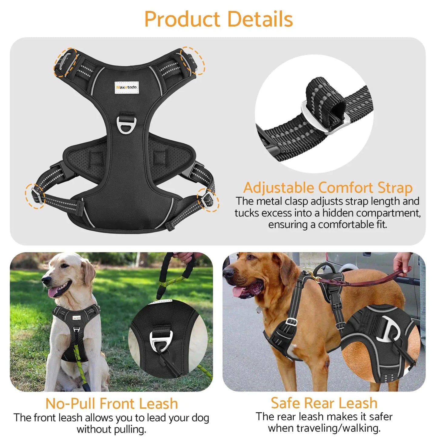 No Pull Adjustable Dog Harness for Large Dogs with 2 Leash Clips Reflective No Choke Soft Padded Vest with Breathable Mesh