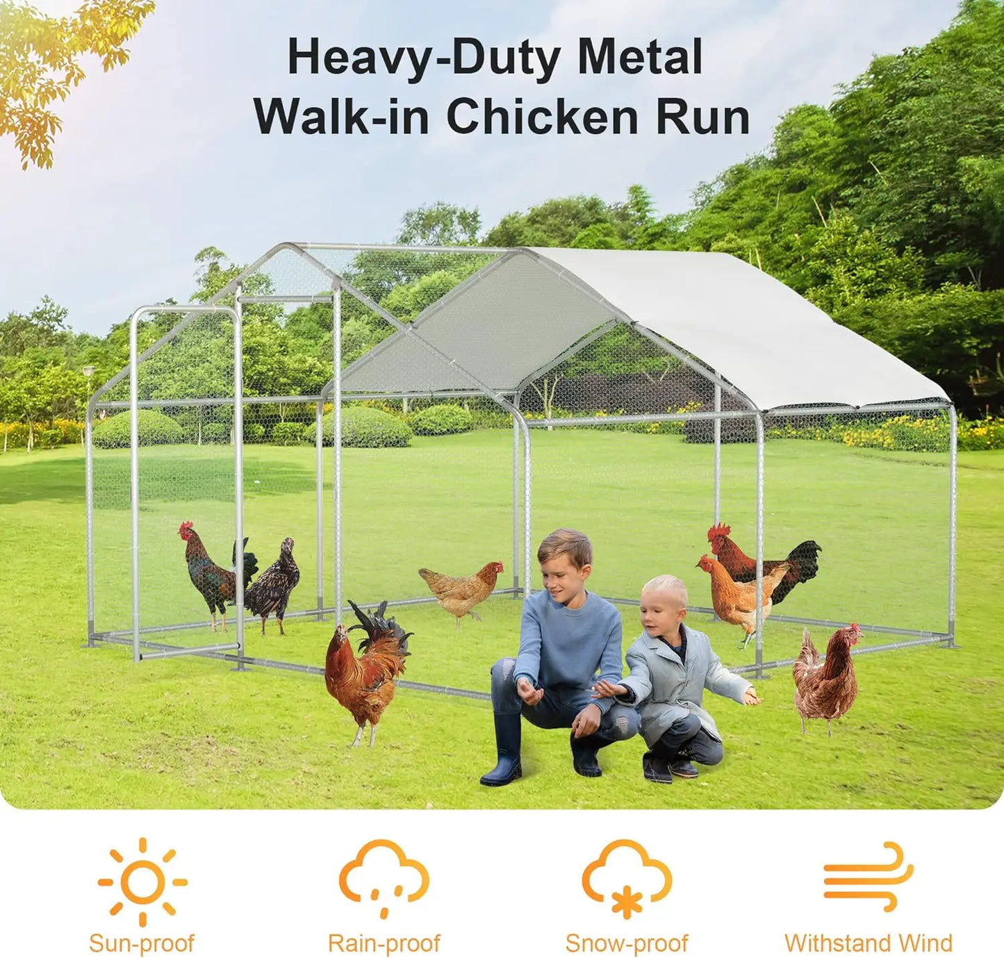 Chicken Coop Large Metal Run for 20 Chickens Walk in Yard Poultry Cage Hen House with Waterproof Cover (96.8 Square Feet)