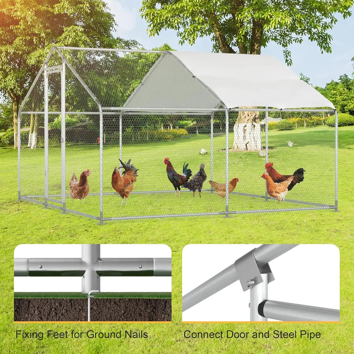 Chicken Coop Large Metal Run for 20 Chickens Walk in Yard Poultry Cage Hen House with Waterproof Cover (96.8 Square Feet)