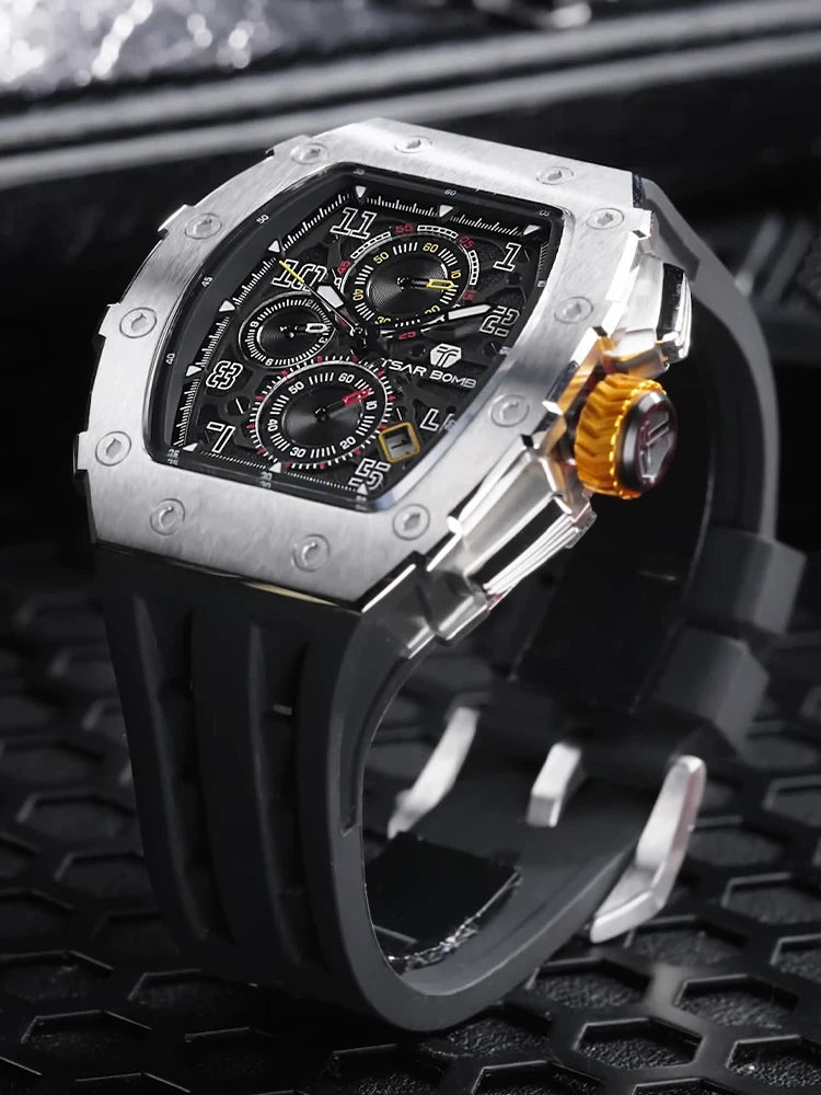 Tsar Bomba Luxury Men's Tonneau Design Waterproof Stainless Steel Watch Fashion Rectangle Wristwatch