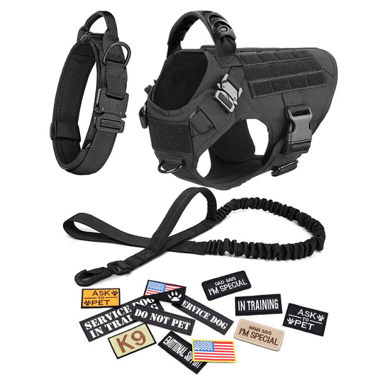 Dog Harness Leash Collar Patches Set for Medium Large Dogs Adjustable Tactical Military Vest for Training and Walking