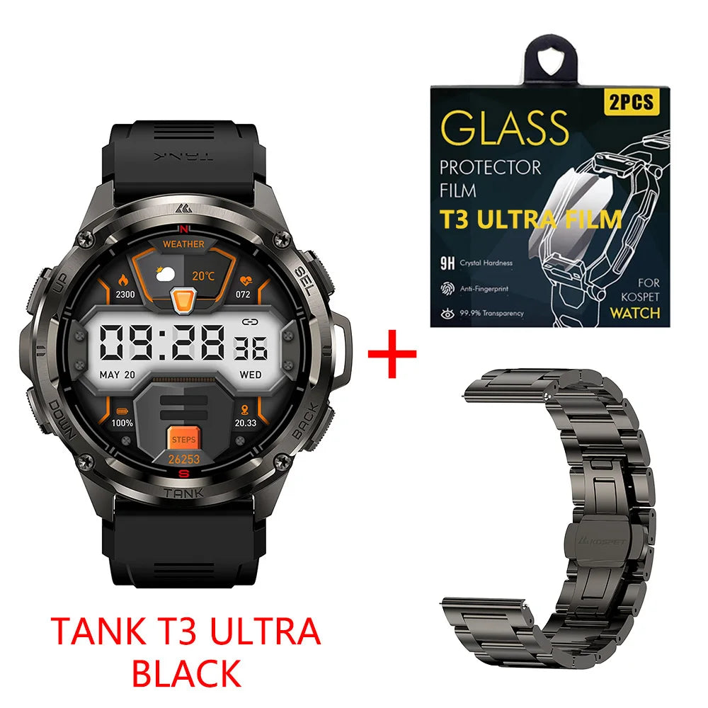 KOSPET Tank T3 Ultra GPS Smart Watch For Men with Altimeter Compass Barometric 470mAh Battery 60 Days Bluetooth Call and IP69K Waterproof