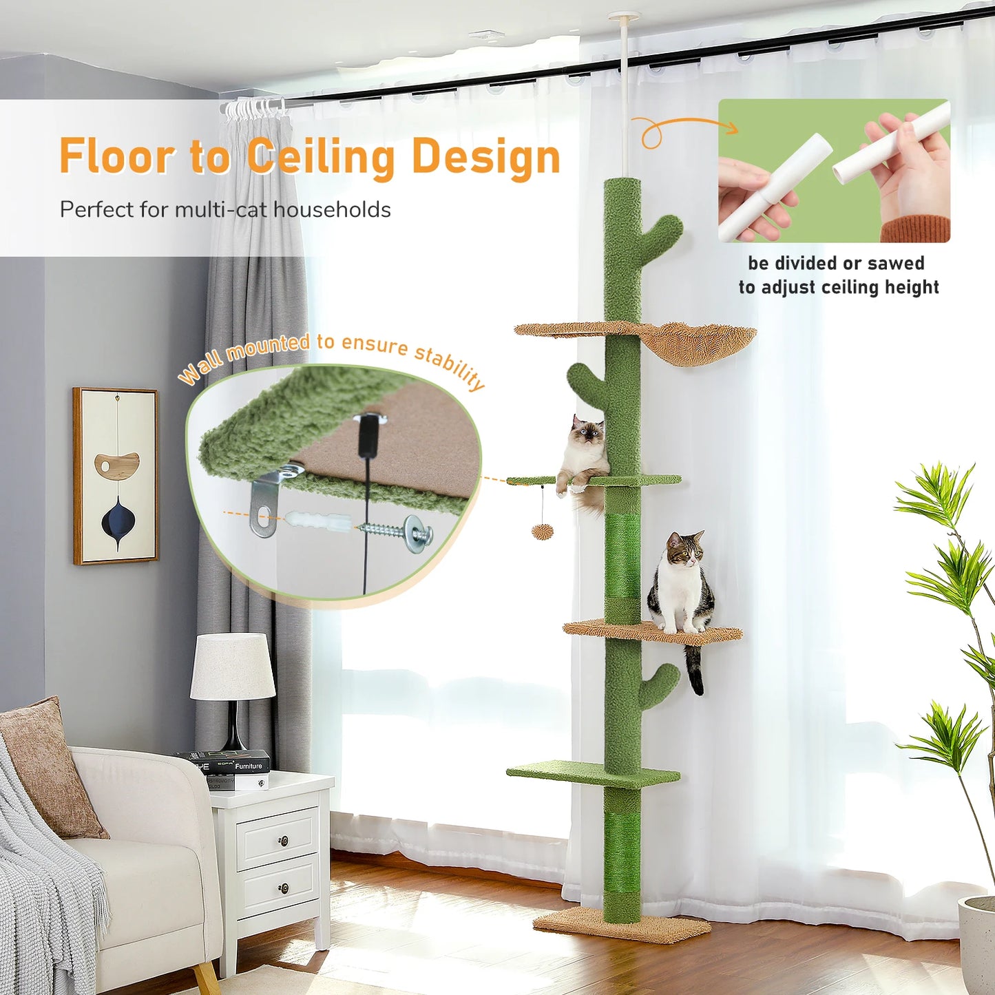 Adjustable Height Cat Tree for Indoor, Floor to Ceiling Cat Tower with Scratching Posts, Cat Condo, Hammock and Dangling Balls