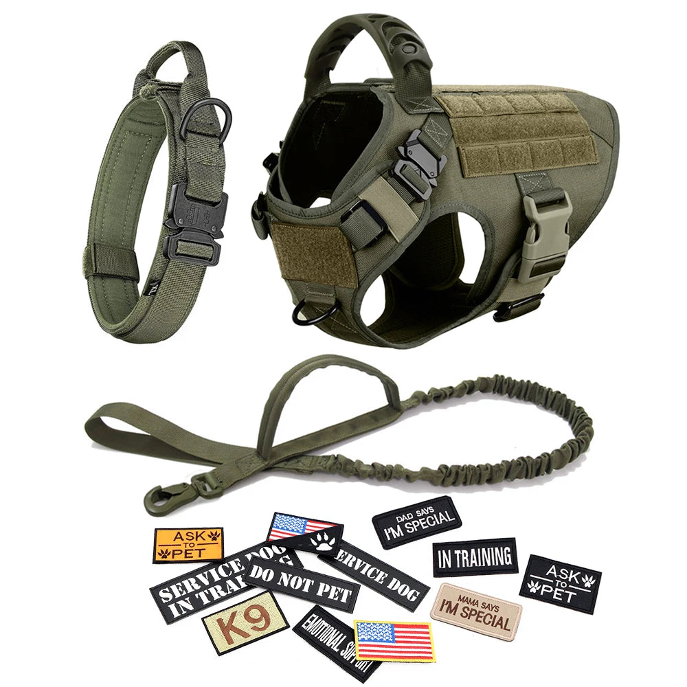 Dog Harness Leash Collar Patches Set for Medium Large Dogs Adjustable Tactical Military Vest for Training and Walking