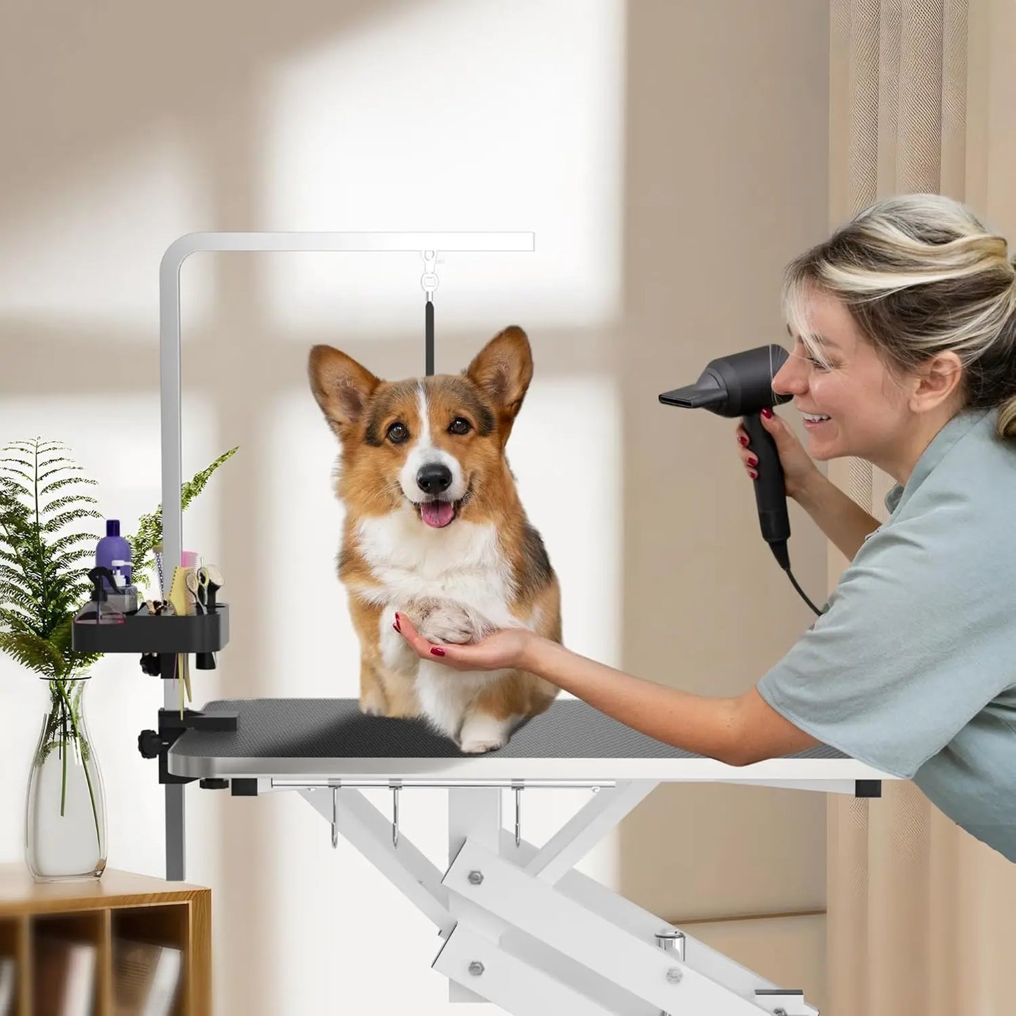 Hydraulic Pet Grooming Table with Anti-Static Table Top Heavy Duty Z-Lift Dog Grooming Table Adjustable Height 21 to 36 Inches with Armrests and Leash Covers 330 Pounds Capacity