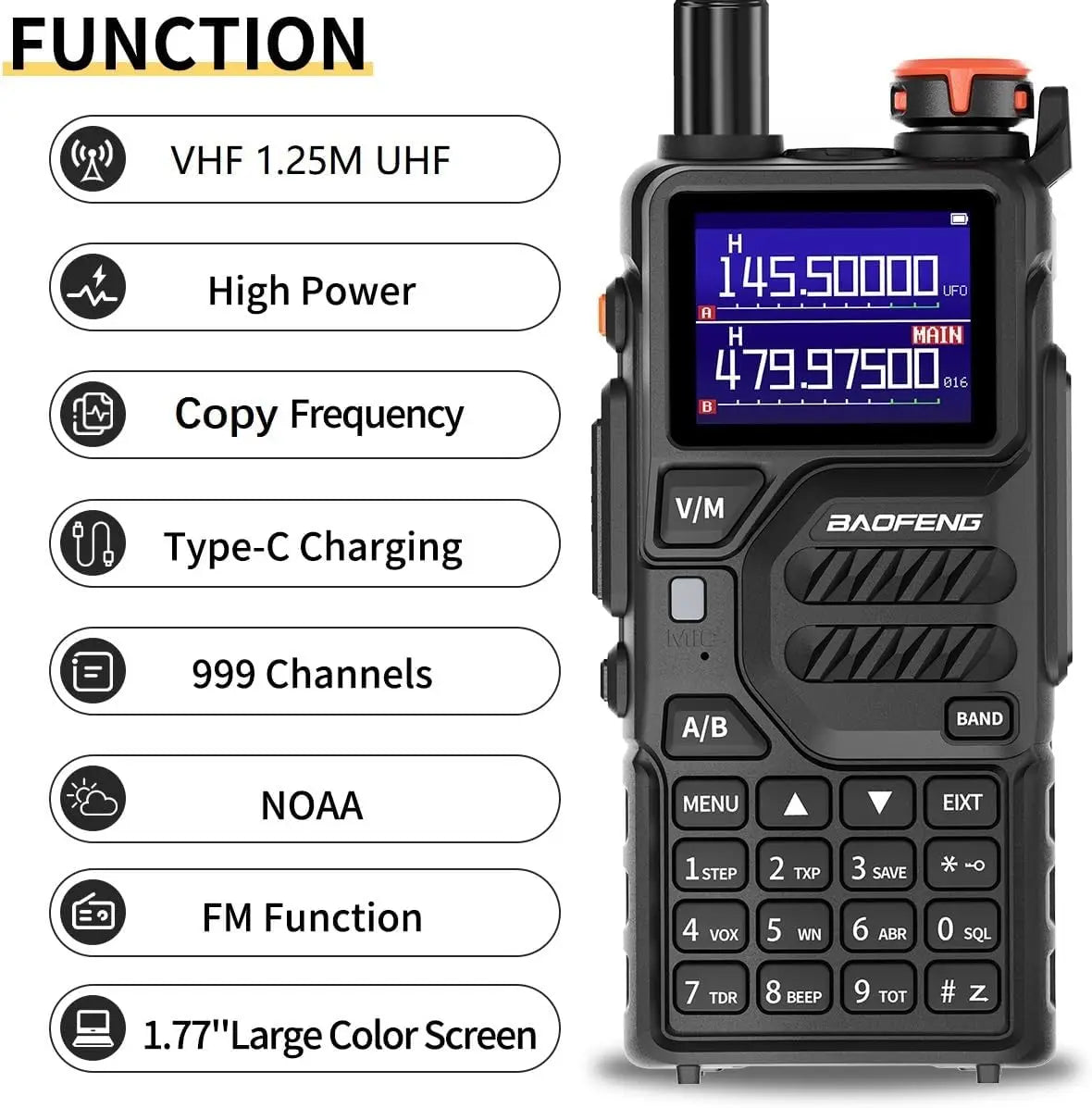 Baofeng UV-K5 Plus Walkie Talkie Multi Band 8W Wireless Copy Frequency 999 Channels NOAA FM Type C Long Range Two Way Ham Radio